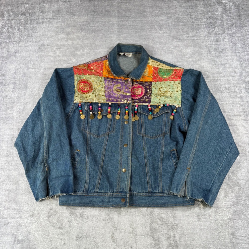Vintage Denim Jacket Women Large Blue 80s Patchwork Beaded Coin Boho Festival
